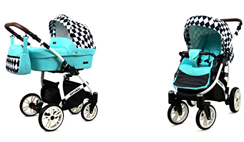 BabyLux Optimal 2-in-1 Baby Kinderwagen Tief und Kinderwagen mit Zubehör Verstellbar und faltbar Aluminium Konstruktion Wasserdicht Nicht abnehmbare Räder Mint Diamond White Frame