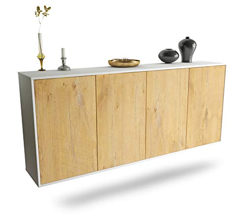 Dekati Sideboard Lakewood hängend (180x77x35cm) Korpus Weiss matt | Front Holz-Design Eiche | Push-to-Open