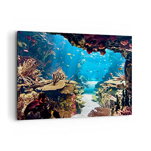 Bild auf Leinwand - Leinwandbild - Ozean Riff Fische Koralle - 100x70cm - Wand Bild - Wanddeko - Leinwanddruck - Bilder - Kunstdruck - Wanddekoration - Leinwand bilder - Wandkunst - AA100x70-2872