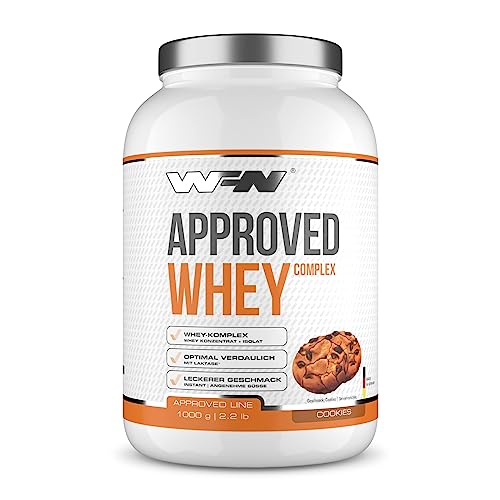 WFN Approved Whey - Whey Proteinpulver - Cookies - 1 kg - Mit Whey Isolat & Laktase - Sehr gut lösliches Eiweißpulver - 33 Portionen - Made in Germany - Extern Laborgeprüft