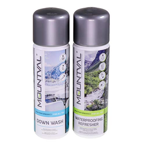 Mountval Daunen-Waschmittel Down Wash und Mountval Waterproofing Refresher einwaschbare Imprägnierung für mit Daunen gefüllte Schlafsäcke, Outdoor- & Wanderkleidung