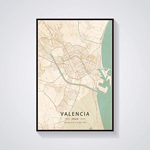 YMXCNM Leinwand Bilder,Valencia Spanien Stadtplan Drucke Poster Wandmalerei Bunte Kunst Malerei Rechteck Pop Kunstwerk Für Wohnzimmer Schlafzimmer Wohnkultur, 50X70Cm / 19.68X27.55 In