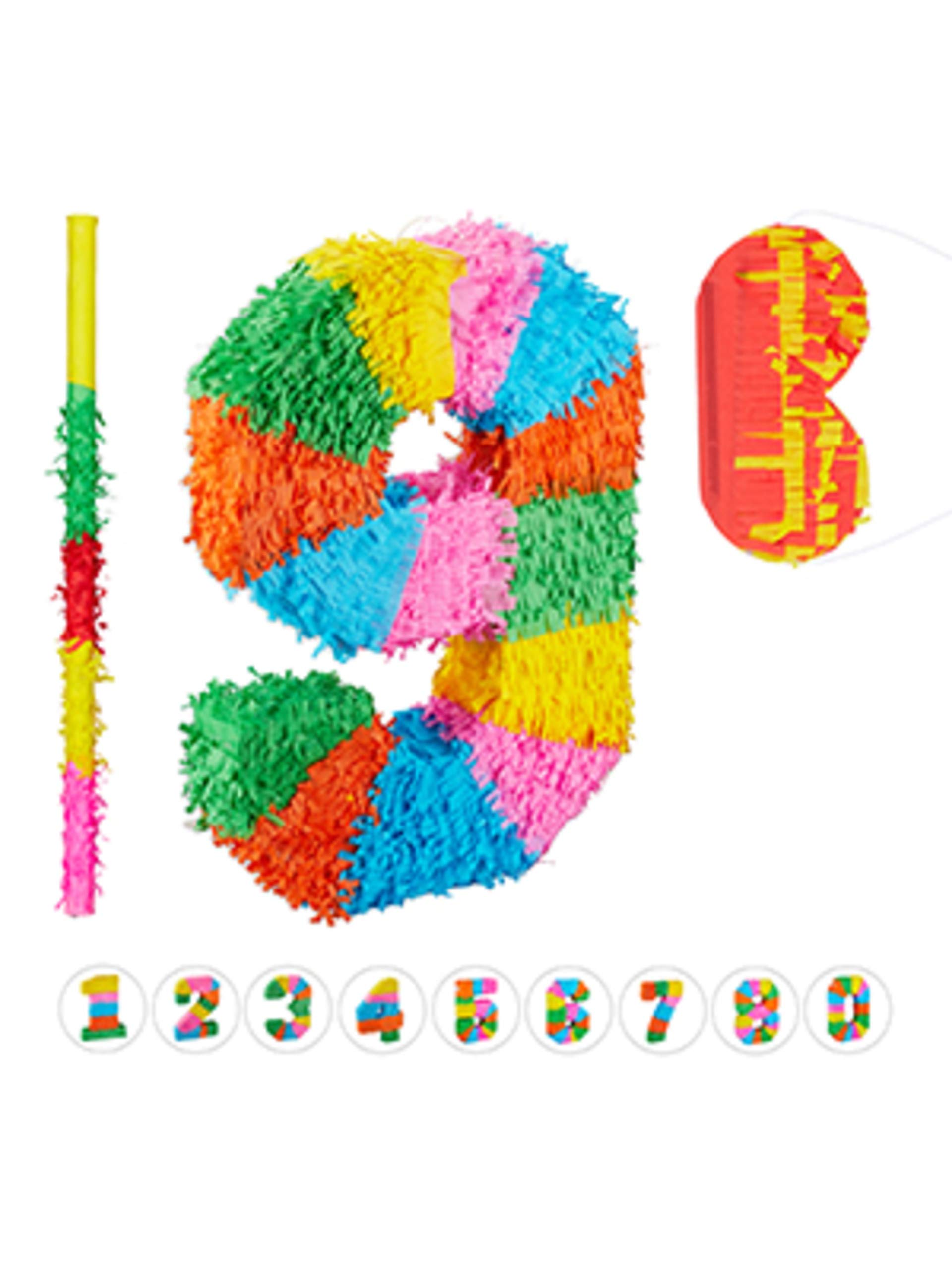 Relaxdays 3 TLG. Pinata Set Geburtstag, Zahl 9, Pinatastab mit Augenmaske, Kinder & Erwachsene, Piñata zum selbst Befüllen, bunt