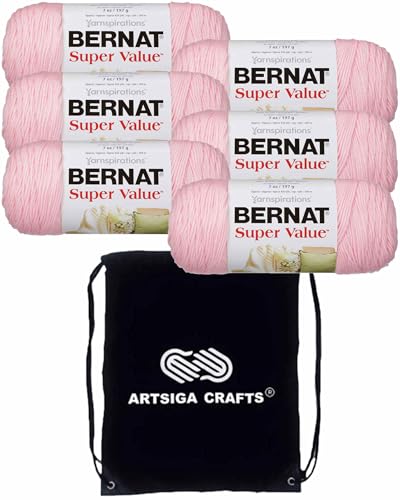Bernat Super Value Solid Baby Pink 164053-7438 (6 Knäuel – gleiche Farbmenge) Kammgarn Nr. 4, Acrylgarn zum Häkeln und Stricken, Bündel mit 1 Artsiga Craft-Projekttasche