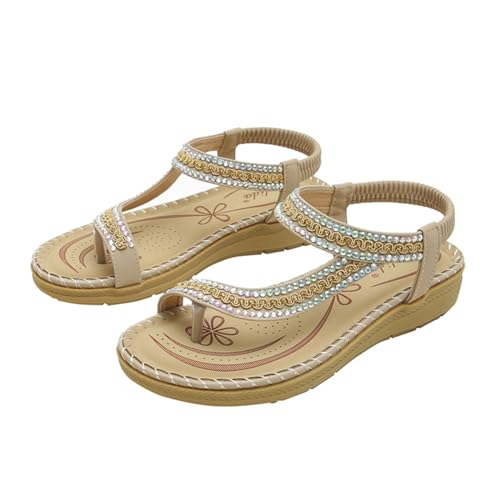 NEOFEN Damen-Sandalen, elegante Sommer-Sandalen für Damen, bequem zu Fuß, flach, böhmische Damen, lässige, bequeme Sandalen (Color : Beige, Size : 41 EU)