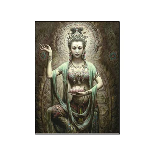 QITEX Wanddeko Schlafzimmer 50x70cm Kein Rahmen Grüne Tara Buddha Gemälde Spirituelle Gemälde Göttin der Barmherzigkeit leinwand bilder Posterdrucke Wand Bilder Home Deko Bild