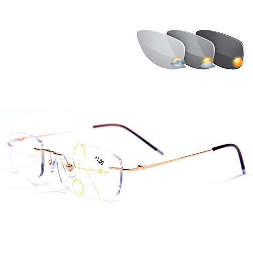 Ultraleichter Rahmenloser Anti-Blaulicht-Leser, Progressive Mehrfokus-Sonnenbrille Mit Farbwechselnden Gläsern, Hyperopie- Und Presbyopie-Brille,Gold,+2.50
