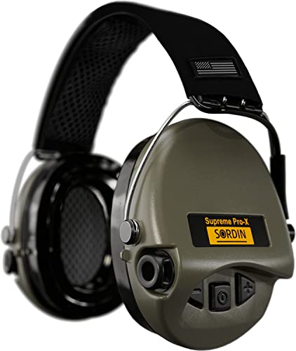 Sordin Supreme Pro-X Gehörschutz - aktiver Kapsel-Gehörschützer - schwarzes Kopfband mit US-Flagge - grüne Kapseln