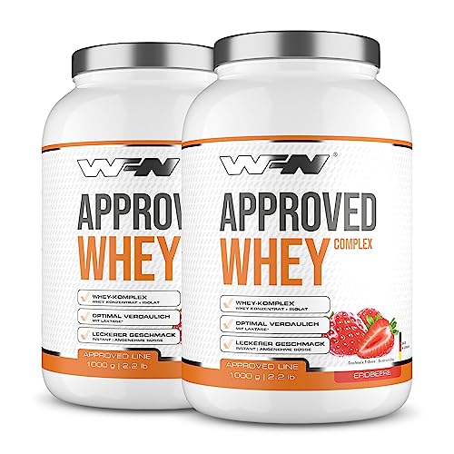 WFN Approved Whey - Whey Proteinpulver - Erdbeere - 2x 1 kg - Mit Whey Protein Isolat & Laktase - Sehr gut lösliches Eiweißpulver - 66 Portionen - Made in Germany - Extern Laborgeprüft