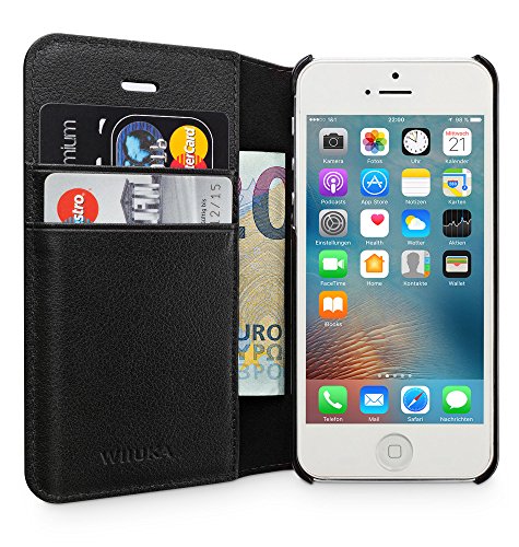WIIUKA Echt Ledertasche - TRAVEL Away - für Apple iPhone 5 / 5S / SE mit DREI Kartenfächern, extra Dünn Tasche Schwarz Premium Design Leder Hülle