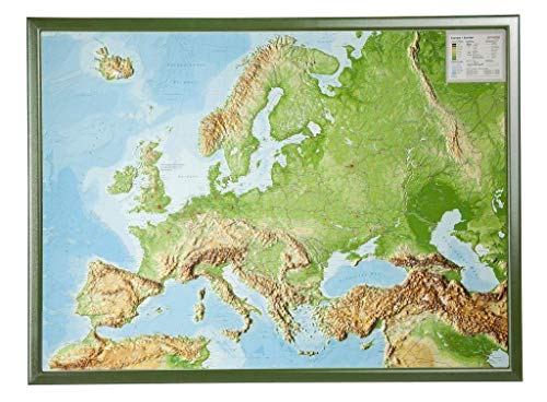 Europa Gross 1:8.000.000 mit Rahmen: Reliefkarte Europa mit grünfarbenen Holzrahmen