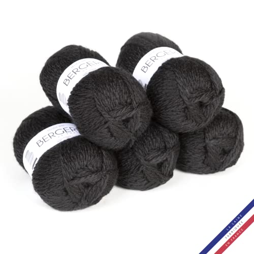 Bergère de France - ALASKA 100, Wolle set zum stricken und häkeln (5 x 100 g) 50% gekämmte Wolle - 6 mm - großes rundes Futtergarn - Schwarz (NOIR)