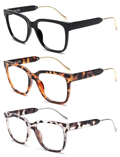 JM 3 Pack Klassische Quadratische Lesebrille für Damen Herren, Mode übergroße Blaulichtfilter Brille mit Sehstärke +1.25