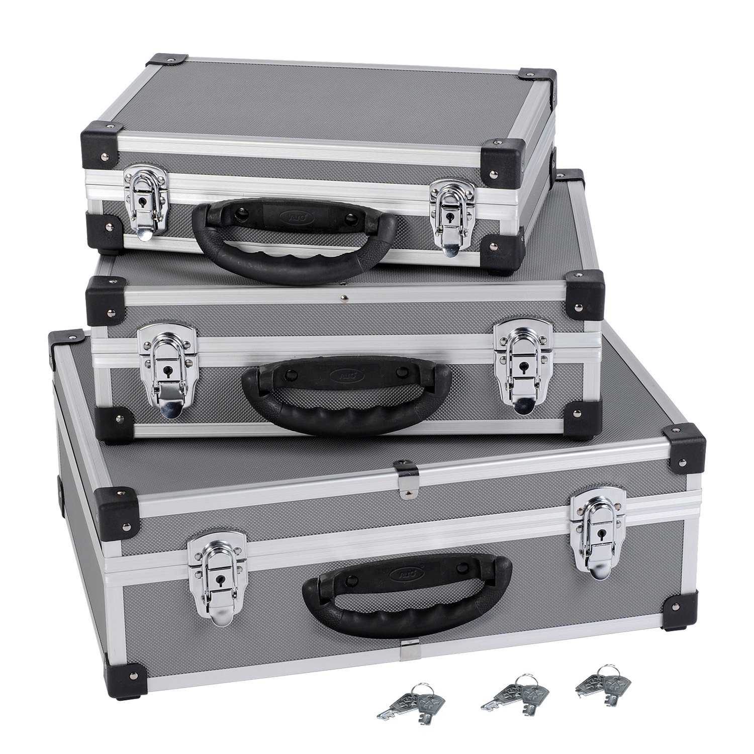 Varo y Kreator PRM10120 Set mit 3 Werkzeugkoffern, Aluminium, jeweils 2 Schlösser mit Schlüssel, silberfarben/Grau