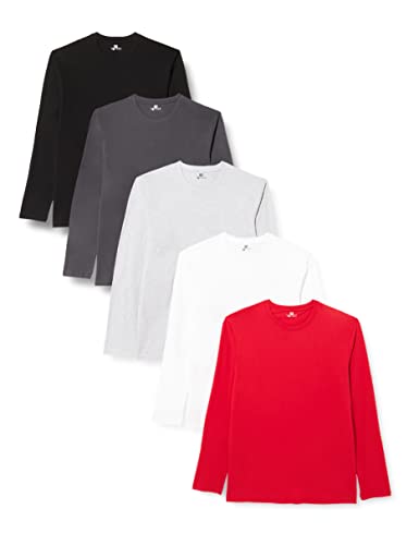 Lower East mit mit Rundhalsausschnitt Langarmshirt, Mehrfarbig(Weiß RotWeiß/Schwarz/Rot), Small, 5er-Pack