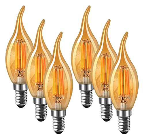 6er-Pack MENTA 6W E14 Kerze LED Lampe, Bernstein Glas, Vintage Lampe, 6W (ersetzt 60W), 600lm, Warmweiß 2700K, Kerzenform Filament LED Leuchtmittel, Classic Kerze Glühbirne, Flamme, Nicht Dimmbar