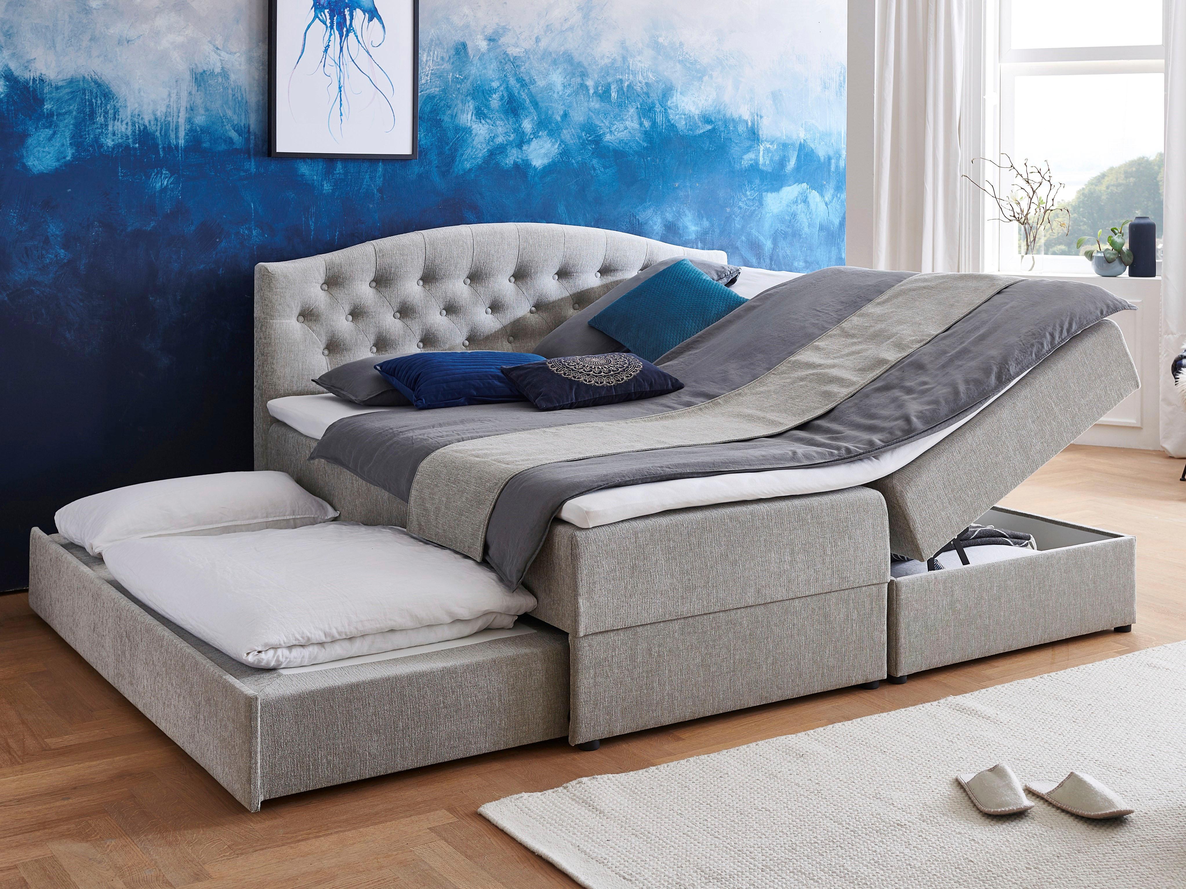 Atlantic Home Collection Boxspringbett LOTTE, 180x200 cm, inklusive zweiteiliger Matratze (Härtegrad H2), Topper, Bettkasten (rechts) und ausziehbares Gästebett, grau