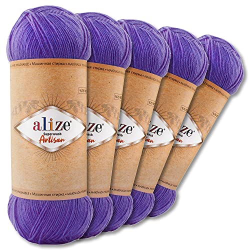 Wohnkult Alize 5 x 100 g Superwash Artisan Sockenwolle Premium 16 Auswahl Kontrast Häkeln Stricken (44 | Lila)