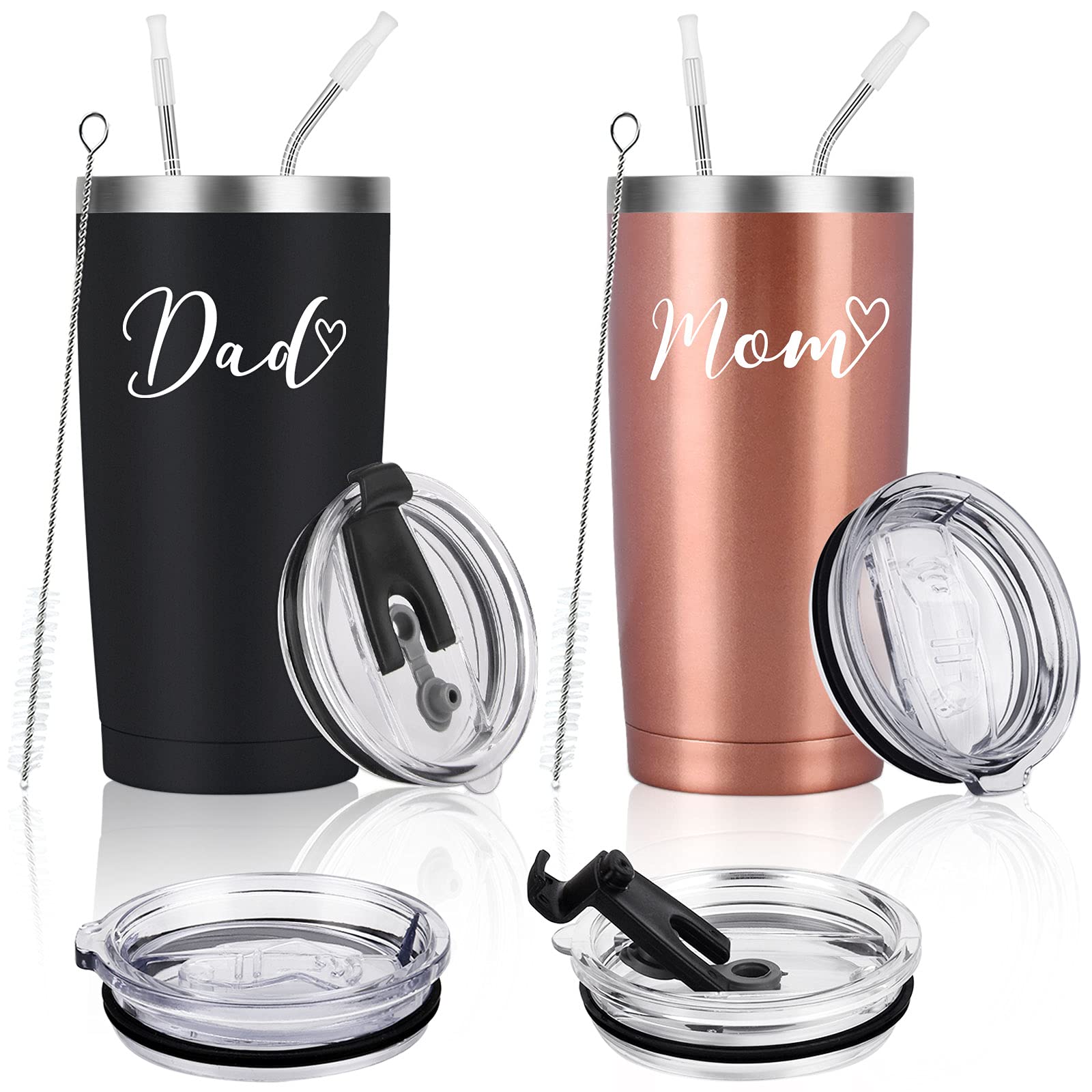 Mom and Dad Travel Tumbler Set, Funny Christmas Gifts for New Parents New Pregnancy New Dad New Mom Anniversary Birthday, Stainless Steel Insulated Travel Tumbler with 2 Lids(20oz, Black & Rose Gold)
