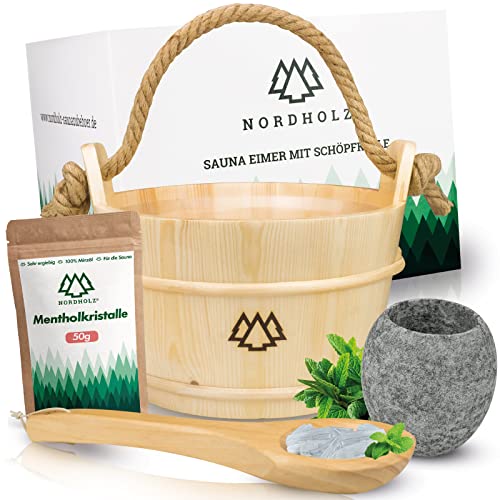 NORDHOLZ® Sauna Eimer mit Kelle aus 100% nordischer Fichte - Hochwertiges Sauna Zubehör - Einsatz, Hanftrageseil & Gratis E-Book - Wellness Aufguss Komplett Paket - Saunaeimer Set