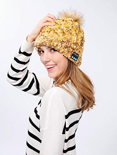 Bluetooth-Mütze mit Bommel für Samsung Galaxy Fold Smartphone mit integrierten Kopfhörern, verstellbar, für den Winter (goldfarben)