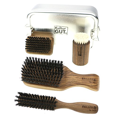 Pflegeset for Men - Set aus einzigartigem Walnuss Holz mit 100% reinen Wildscheinborsten - Herren Haarbürste + Bartbürste + Nagelbürste + Gesichtsbürste in stylischer Metallbox, Made in Germany