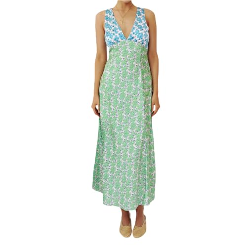 ROSSOM Damen Y2k Maxikleid Mit Tiefem V-Ausschnitt, Blumenmuster, äRmellos Patchwork, RüCkenfrei FließEnd Kleid Zum Ausgehen, Stranddruck Sommerkleid (Green,S)