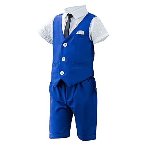 SXSHUN Jungen 3 TLG Kinderanzug Krawatte Weihnachten Strampler Junge Hochzeit Anzug Hemd Frühling Sommer,Blau(3tlg),123