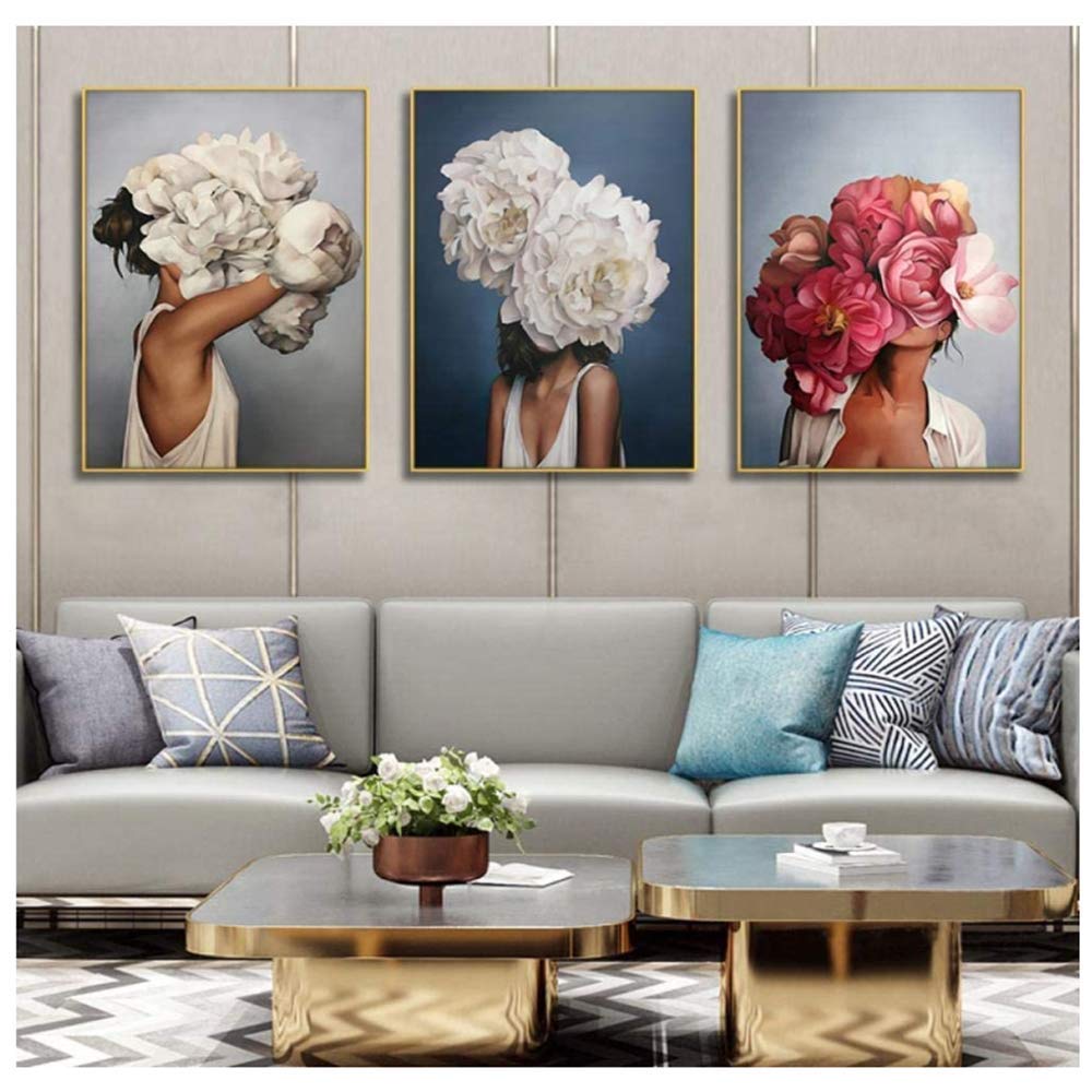 SXXRZA Leinwand Kunstwerk 3x60x80cm ohne Rahmen Porträt Kunst Leinwandbilder Leinwanddrucke Wandkunst Frauen mit Blumen Bilder für Wohnzimmer Dekor