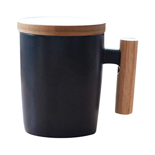 RETYLY Japan Stil Kurze Reise Kaffeetasse Keramik Porzellan Milch Becher Kaffeetasse mit Holzgriff Deckel Keramik Wasser Tee Tassen Geschenk - Schwarz