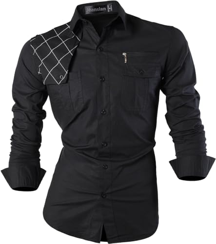 jeansian Herren Freizeit Hemden Shirt Tops Mode Langarmshirts Slim Fit 8371 Black M