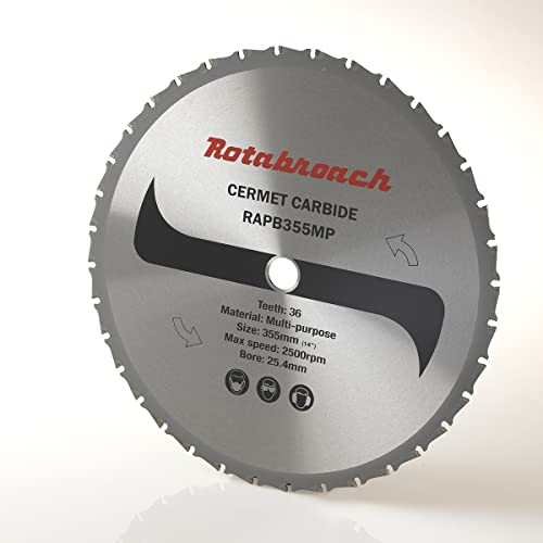 Rotabroach Kappsägeblatt für Mehrzweck-Kreissägen – RAPB355MP Metallschneidemesser mit Cermet-Spitze für Kreissägen, 355 mm, langlebiger Schneider, hohe maximale Geschwindigkeit, 2500 U/min