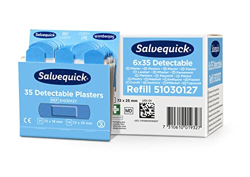 Salvequick ® | Blue Detectable Pflaster | Werden von den meisten Metalldetektoren erkannt | Pflaster in blauer Farbe für die Gastronomie & Lebensmittelbranche | 210 Pflaster pro Verpackung