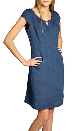 Caspar SKL020 knielanges Damen Sommer Leinenkleid mit eleganter Metallspange bis Größe 50, Farbe:Jeans blau, Größe:3XL - DE46 UK18 IT50 ES48 US16
