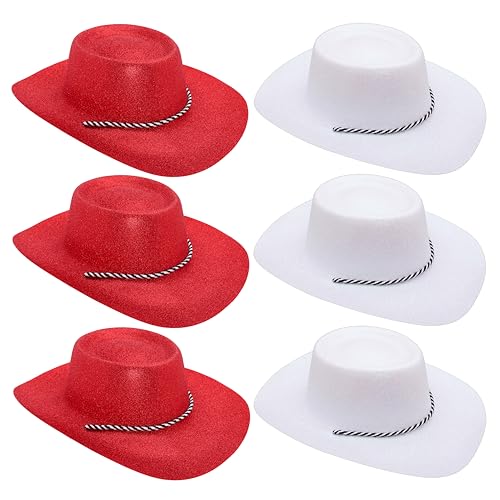 Toyland® Packung mit 6 Glitzer-Cowboyhüten mit dänischem Farbthema – 3 Rot und 3 Weiß – Größe 34 cm (13 Zoll) – Perfekt für Euro, Weltmeisterschaft und Festivals