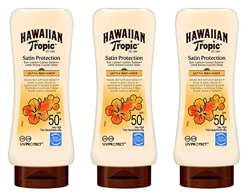 Hawaiian Tropic - Satin Protection Ultra Radiance SPF 50+ - Sonnenlotion mit sehr hohem Schutz, schützt und erweicht die Haut, tropischer Fruchtduft, Packung 3 Einheiten x 180 ml