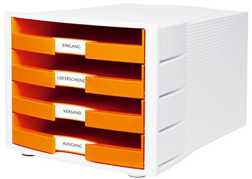 HAN Schubladenbox IMPULS in Orange/Weiß / Stapelbare Sortierablage mit 4 großen, offenen Schubladen für DIN A4/C4 / inkl. Beschriftungsschilder