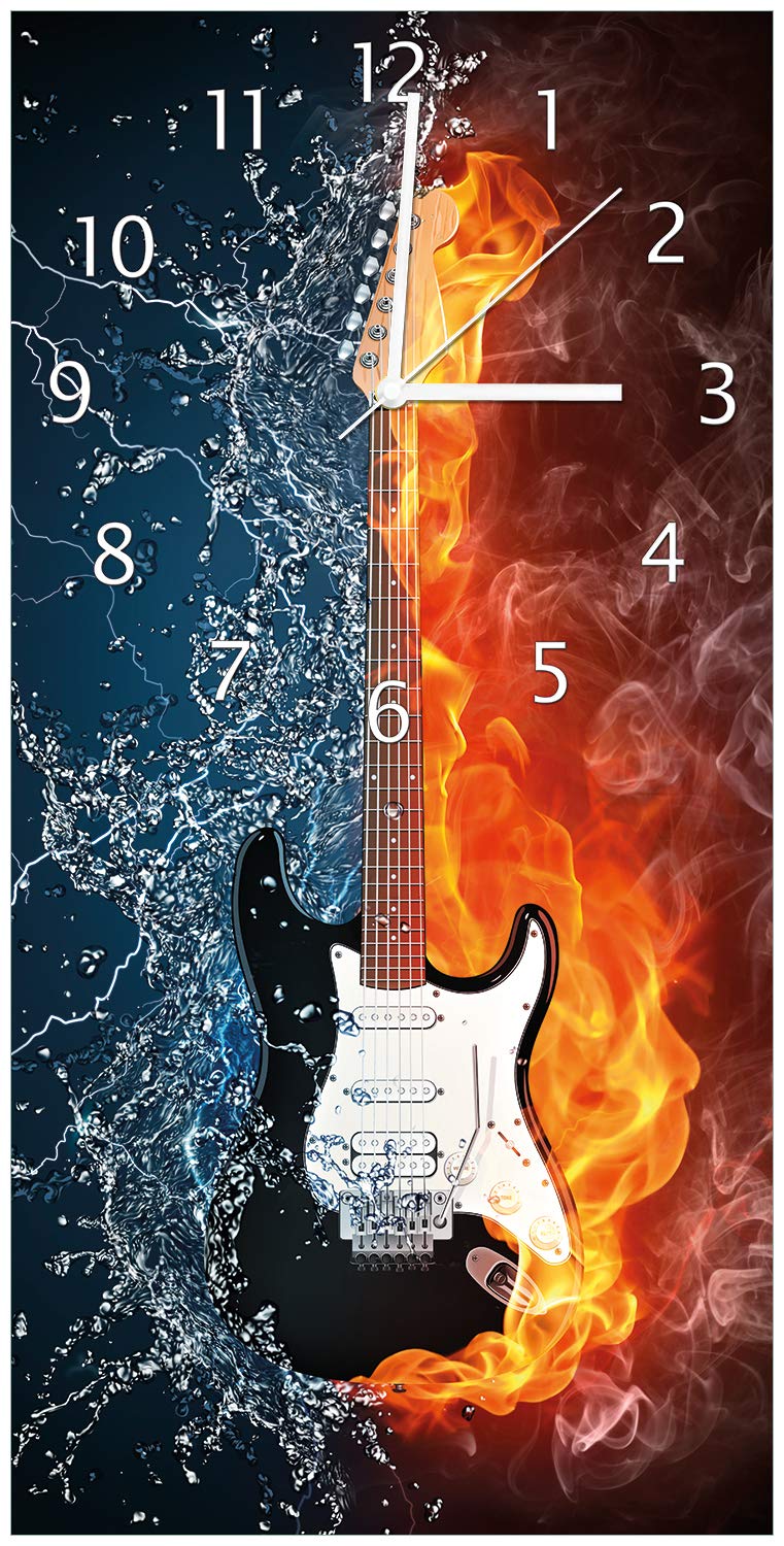Wallario Design-Wanduhr, Acrylglasuhr Größe 30 x 60 cm, weiße Zeiger, Motiv Feuer-Wasser-Gitarre