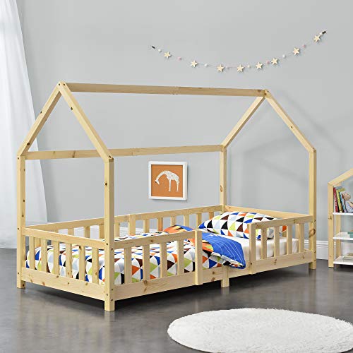 Kinderbett Sisimiut 70x140 cm Hausbett mit Rausfallschutz Bettenhaus mit Lattenrost Kiefernholz Natur