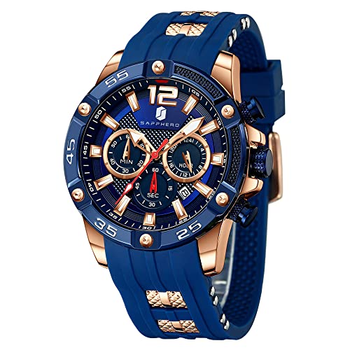 SAPPHERO Uhren Herren Quarzwerk Chronograph Datum Kalender Silikonarmband 30M Wasserdicht Schwarz Blau Herrenuhren Armbanduhr Geschenke für Männer