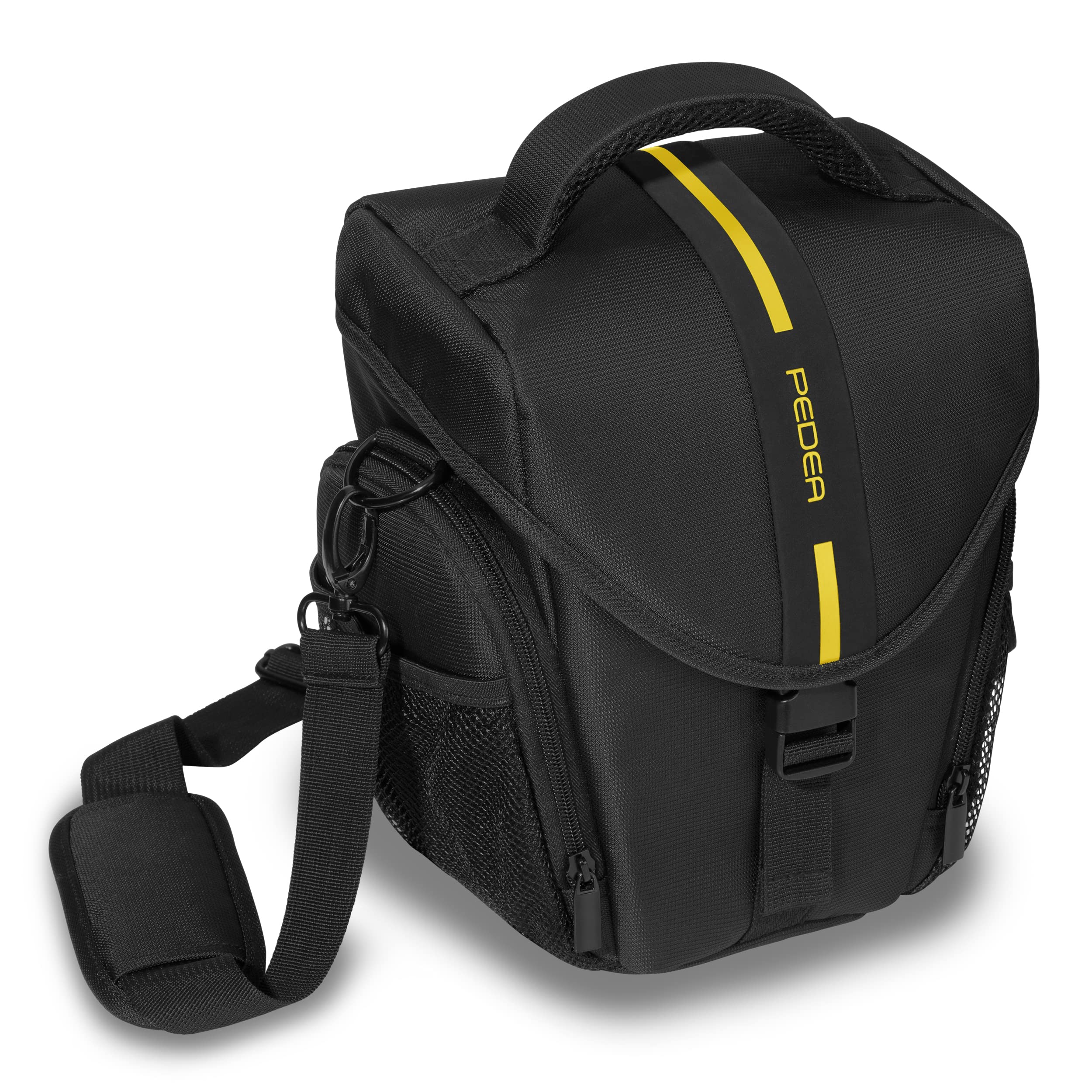 PEDEA DSLR-Kameratasche *Essex* Fototasche für Spiegelreflexkameras mit wasserdichtem Regenschutz, Tragegurt und Zubehörfächern, Gr. L schwarz/gelb