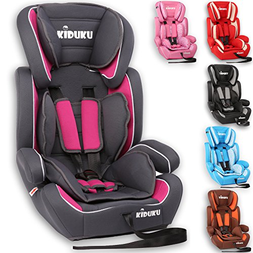 KIDUKU® Autokindersitz Kindersitz Kinderautositz, Sitzschale, universal, zugelassen nach ECE R44/04, in 6 verschiedenen Farben, 9 kg - 36 kg 1-12 Jahre, Gruppe 1/2 / 3 (Grau/Pink)