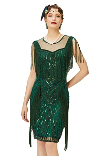 Coucoland 1920s Kleid mit Troddel Stola Damen Gatsby Abendkleid Cocktail Party Damen 20er Jahre Kostüm Kleid (Dunkelgrün, M)