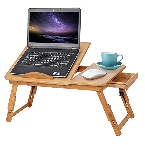 Ejoyous Laptoptisch als Tabletttisch fürs Bett oder Sofa aus Holz, Höhenverstellbarer Laptoptisch mit Schublade, Betttisch für Lesen oder Frühstücks und Zeichentisch, Tablet-Halterung faltbar
