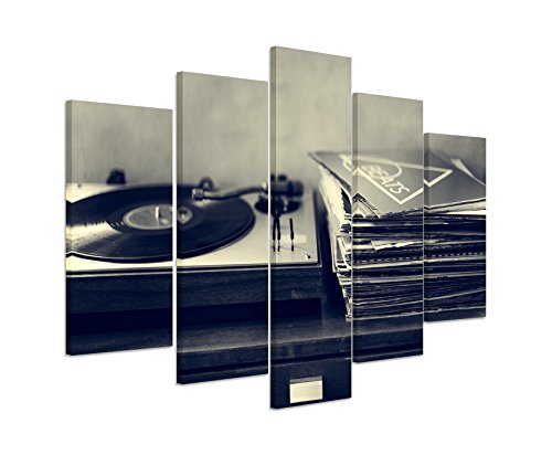 Unique Bild Bilder 5 teilig gesamt 150x100cm Kunstbilder – Schallplattenspieler und Vinyl schwarz weiß