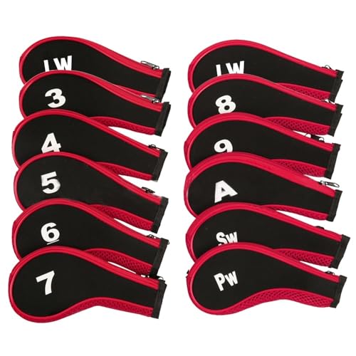 12 Stück Golfschläger-Abdeckungen, Golf-Eisenkopfhüllen mit aufgedruckter Nummer, for Eisenschläger, leicht, langlebig, tragbar, passend for alle Eisenschläger (Color : Black Red)