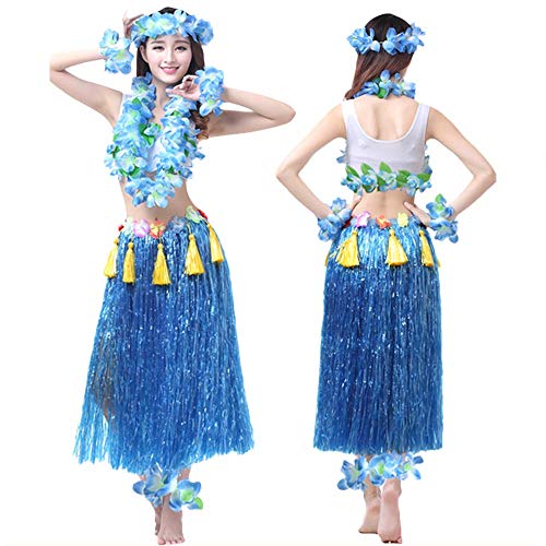 G-like Hula Tanz Kleid Kostüm - Hawaii Tanzkleid Grasrock Zubehör Sexy Outfit Kleidung Set Verzierung Quasten Blumen Party Cosplay Maskerade Strandurlaub für Damen Mädchen - Kunststoff 8 In 1 (Blau)