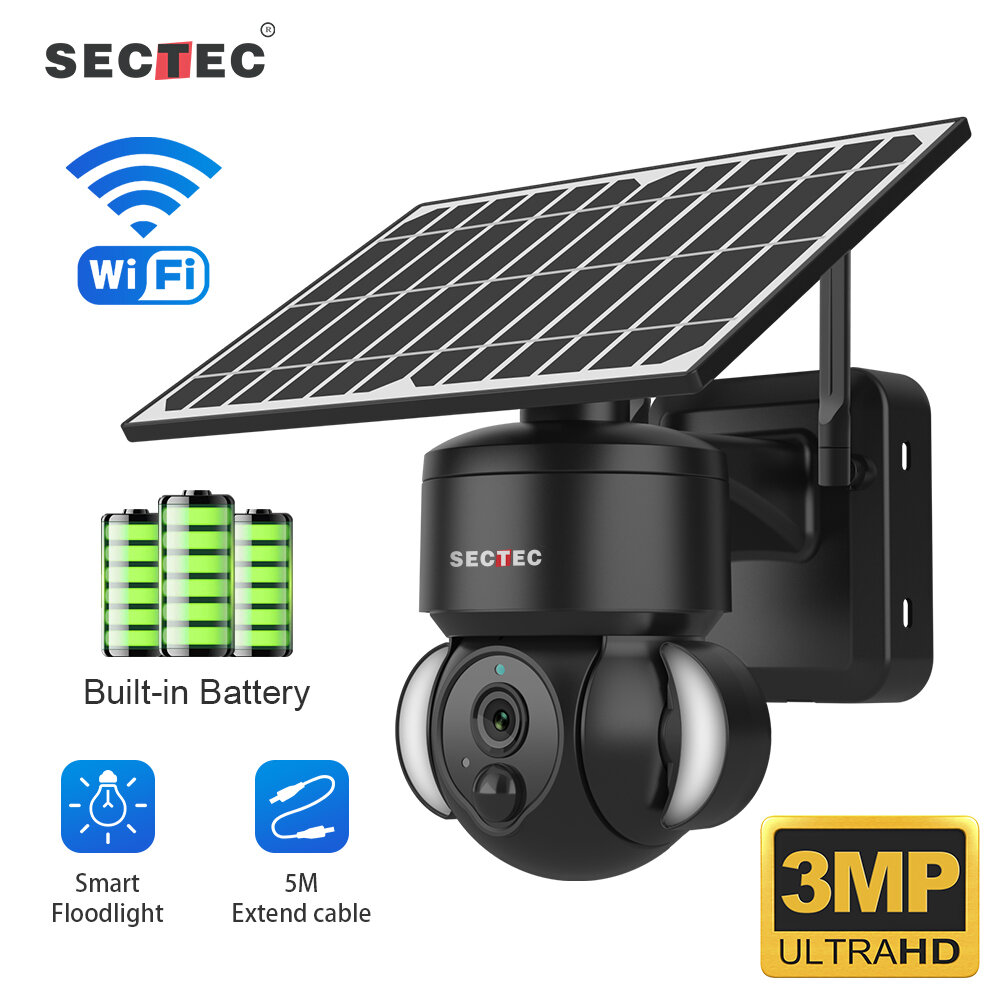 SECTEC Intelligente WLAN-Solar-Flutlichtkamera für den Außenbereich, 3 MP, HD, Überwachungskamera, Bewegungserkennung, F
