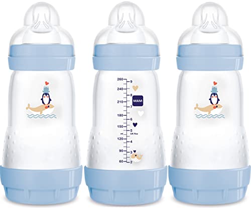 MAM Anti Colic Flasche 260 ml Dreierpackung mit Sauger Größe 1 an 0 Monate für Jungen