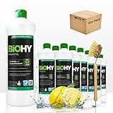 BIOHY Sanitärreiniger (12x1l Flasche) + Dosierer | Kalkzersetzendes Konzentrat für den Sanitärbereich | Badreiniger mit angenehme & frischen Duft | EXTRA STARK